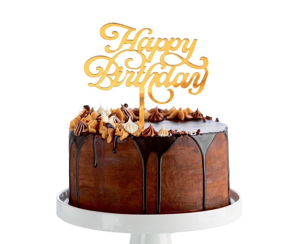 Dekoracja akrylowa B&C na tort Happy Birthday złota 11x15cm PF-DAHB GoDan